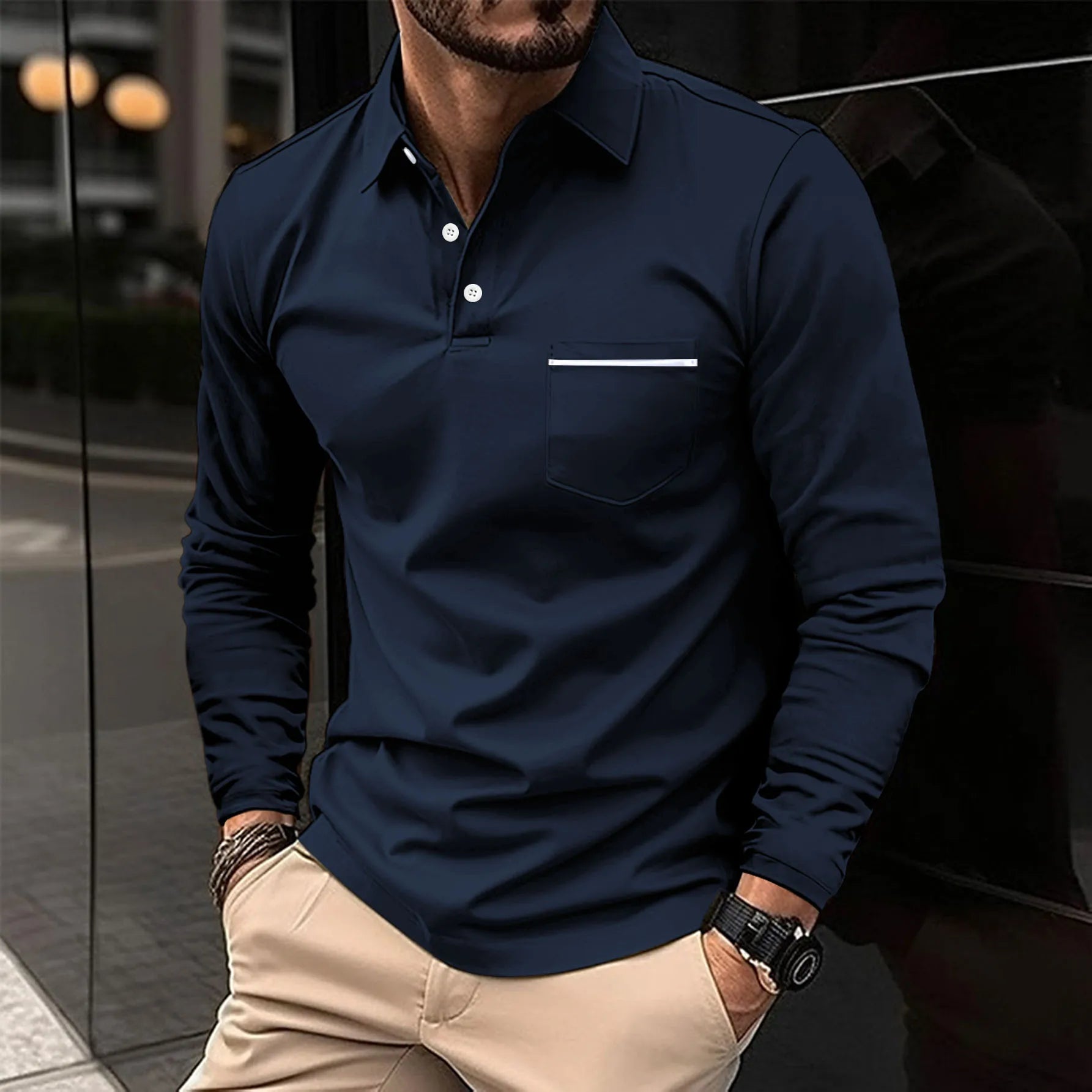 2024 men's spring long sleeve pocket T-shirt Casual business buckle T-shirt Fashion polo shirt - OnlineshopLand