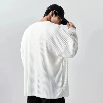 2024 Spring White V-Neck Pleated Stripe T-Shirt Men Large Size Silky Soft Long Sleeved T-Shirt Summer Loose Bottomed Shirt - OnlineshopLand