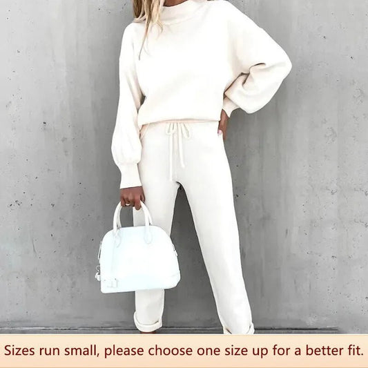 Autumn/winter Women's Solid Color Sweatshirt Casual Trousers 2-piece Set High Neck Polo/turtle Neck Long Pants Women's Clothing - OnlineshopLand