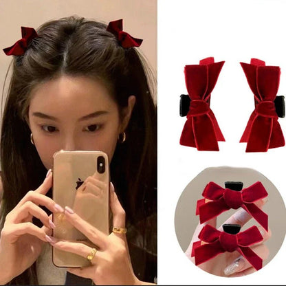 Black Red Bow Small Bangs Hair Claw Sweet Princess Velvet Bow Hair Clip Claw Clamp Headwear Girls Women Korean Hair Styling Tool - OnlineshopLand