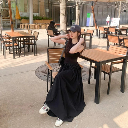 Black Women's Dress Round Neck Sleeveless Vest Vintage Design High Waist Long Korean Elegant Spring Summer Outdoor Dating Wear - OnlineshopLand