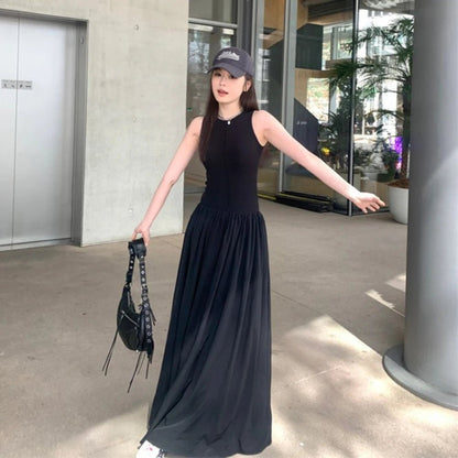 Black Women's Dress Round Neck Sleeveless Vest Vintage Design High Waist Long Korean Elegant Spring Summer Outdoor Dating Wear - OnlineshopLand