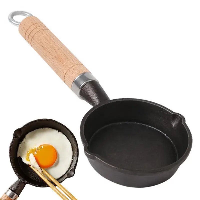 Egg Pan Cast Iron Skillet Frying Pan With Wooden Handle Small Skillet Pan Cooking Pot For Indoor Outdoor Camping Soup Sauce Pan - OnlineshopLand