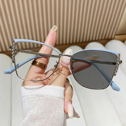Fashion Cat Eye Anti Blue Light Photochromic Glasses Women Vintage Triangle Metal Frame Color Change Eye Protection Spectacles - OnlineshopLand