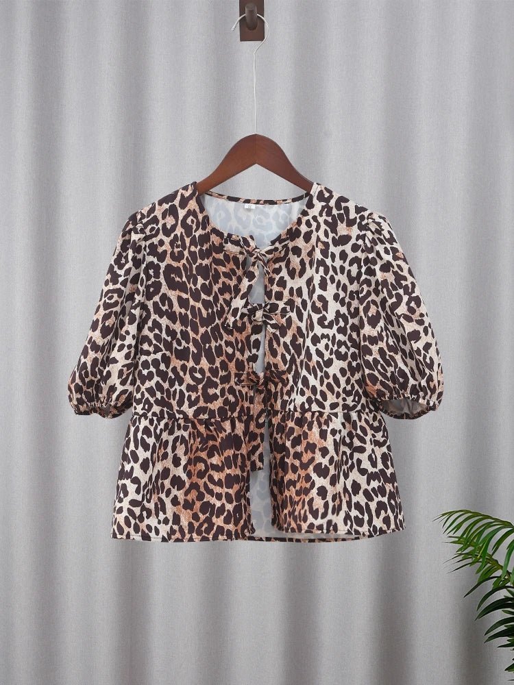 Leopard Luxe: Women's Puff Sleeve Lace-Up Blouse - OnlineshopLand