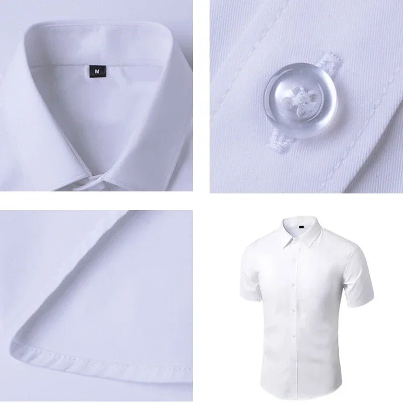 Men Daily Casual White Shirts Short Sleeve Button Down Slim Fit Male Social - OnlineshopLand