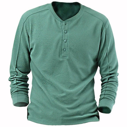 Men's Waffle Henley Shirt Tee Top Long Sleeve Plain Street - OnlineshopLand