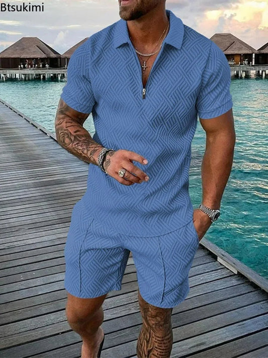 New 2024 Men's Polo Suit Fashion Men Sets Solid Summer V-neck Zipper Short Sleeve POLO Shirt+Shorts Two Pieces Men Casual Suit - OnlineshopLand