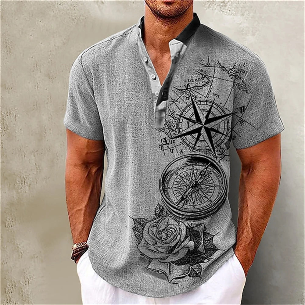 Summer Men Henley Shirt Short Sleeve Tops 3d Great Voyage Graphic - OnlineshopLand