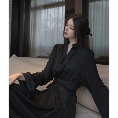 UMI MAO Chinese Style Dress Elegant Stand Up Neck Flare Sleeves Wrap Waist Show Slim Mid Length Black Drop Zen Dresses Women's - OnlineshopLand