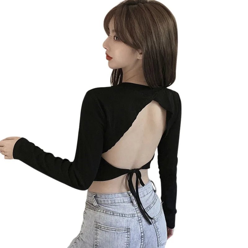 Women Clothes Solid O-Neck Back Bow Backless Sexy Casual Long Sleeve T-Shirt Tops - OnlineshopLand