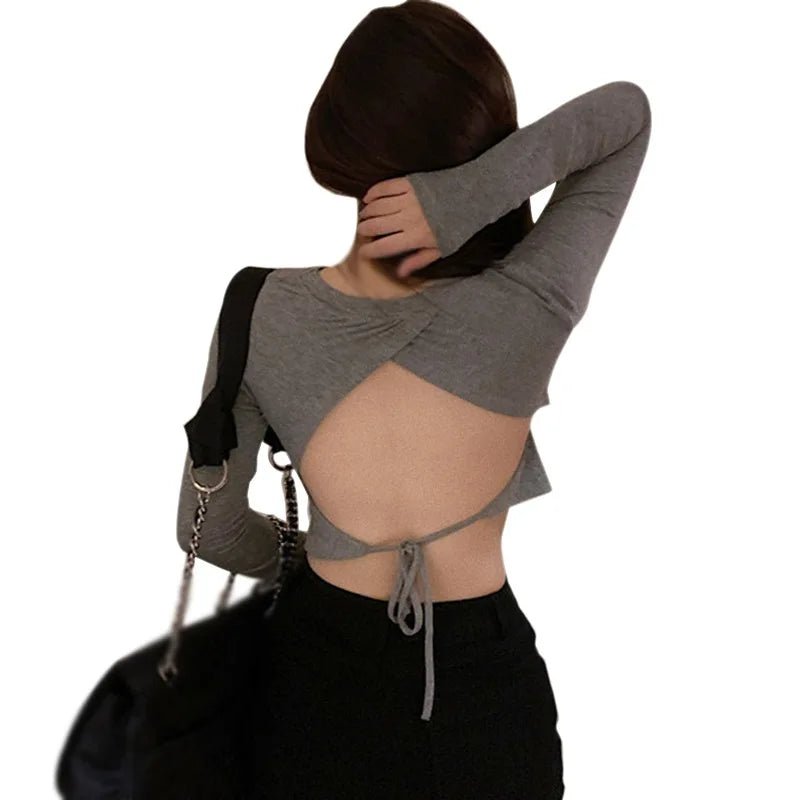 Women Clothes Solid O-Neck Back Bow Backless Sexy Casual Long Sleeve T-Shirt Tops - OnlineshopLand