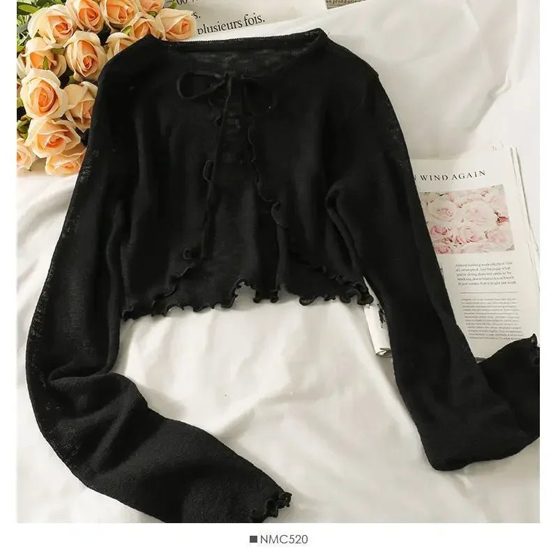 Women Frenum Cardigan Blouses and Tops Bow Lace Up Long Sleeve Crop - OnlineshopLand