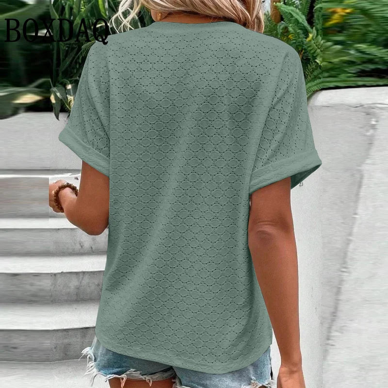 Women Summer Trendy Simple Casual Fashion Button T Shirt V Neck Short Sleeve Solid Loose Pullover Tops Plus Size Ropa De Mujer - OnlineshopLand