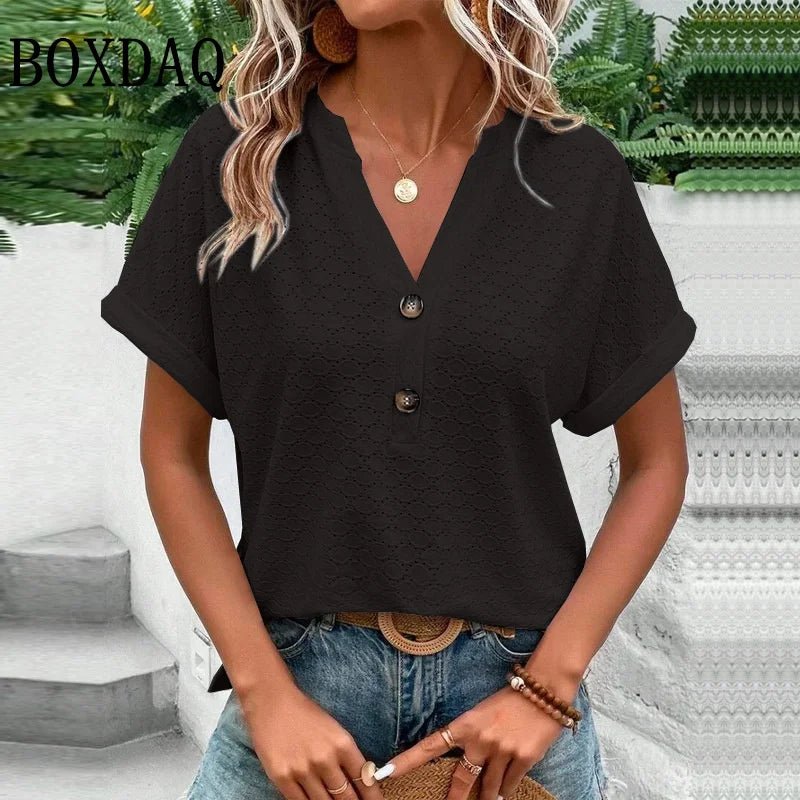 Women Summer Trendy Simple Casual Fashion Button T Shirt V Neck Short Sleeve Solid Loose Pullover Tops Plus Size Ropa De Mujer - OnlineshopLand