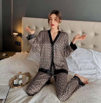 Women's Pajamas Set V Neck Design Luxury Cross Letter Print Sleepwear Silk Like Home Clothes XXL Large Size Nightwear - OnlineshopLand