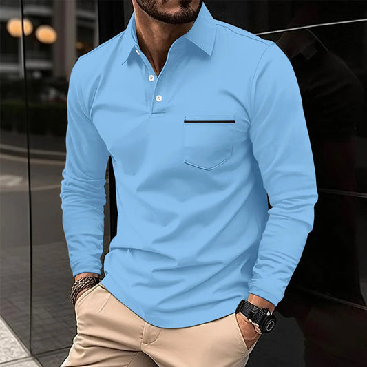 2024 men's spring long sleeve pocket T-shirt Casual business buckle T-shirt Fashion polo shirt - OnlineshopLand