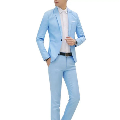 2Pcs Fashion Men Solid Color Lapel Button Long Sleeve Slim Blazer - OnlineshopLand