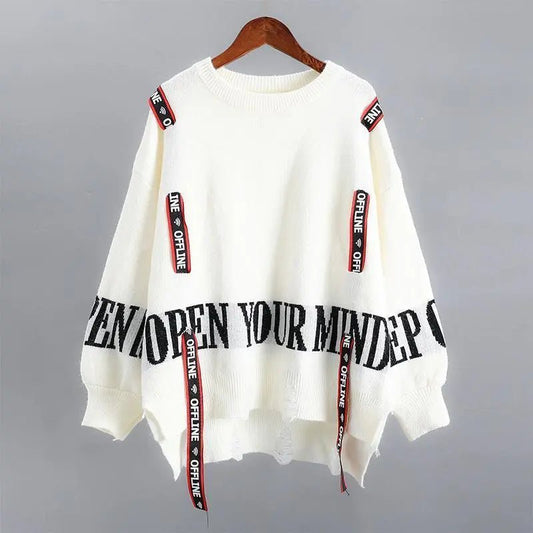 Autumn Winter Street Style Letter Spliced Jumpers Ladies Loose Casual - OnlineshopLand