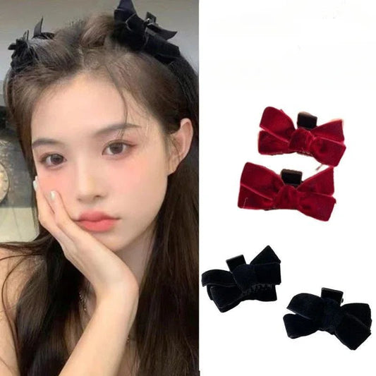 Black Red Bow Small Bangs Hair Claw Sweet Princess Velvet Bow Hair Clip Claw Clamp Headwear Girls Women Korean Hair Styling Tool - OnlineshopLand