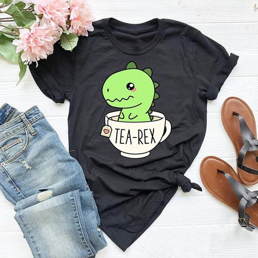 Cute Tea-Rex T-Shirt Women Funny Cartoon Dinosaur T Shirt Female Cotton Short Sleeve Kawaii Clothes Dino Tea Graphic Tee Shirt - OnlineshopLand