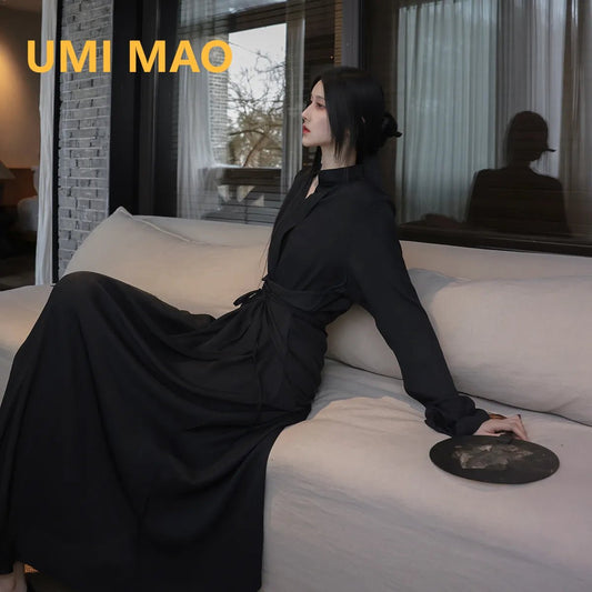 UMI MAO Chinese Style Dress Elegant Stand Up Neck Flare Sleeves Wrap Waist Show Slim Mid Length Black Drop Zen Dresses Women's - OnlineshopLand