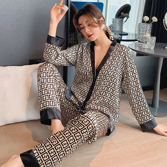 Women's Pajamas Set V Neck Design Luxury Cross Letter Print Sleepwear Silk Like Home Clothes XXL Large Size Nightwear - OnlineshopLand